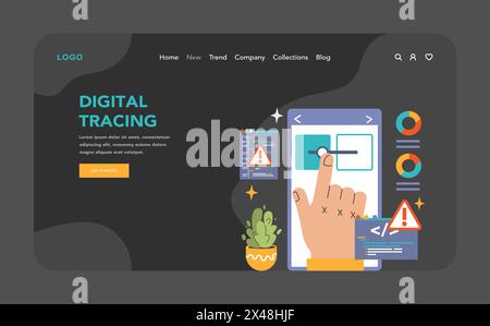 Test logiciel bannière Web ou page de destination en mode sombre ou nuit. Test et débogage de code. Spécialiste INFORMATIQUE à la recherche de bugs. Développement de sites Web et d'applications. Illustration vectorielle plate Illustration de Vecteur