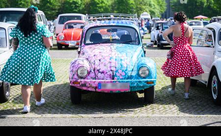 Hanovre, Allemagne. 01 mai 2024. Deux femmes en robe marchent à côté d’une Volkswagen Beetle avec un regard fleuri lors de la rencontre du 41 mai Beetle sur le terrain de l’exposition. Plusieurs centaines de propriétaires de Volkswagen Beetles et d'autres voitures classiques VW se rencontrent dans les parkings de l'ouest du parc des expositions. Crédit : Julian Stratenschulte/dpa - ATTENTION : la plaque d'immatriculation a été pixelisée pour des raisons légales/dpa/Alamy Live News Banque D'Images