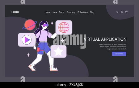 Ar et VR concept. Un utilisateur explore un contenu numérique par l'intermédiaire d'une interface de réalité virtuelle dans une mise en page Web stylisée. Progrès technologique dans l'expérience utilisateur. Illustration vectorielle. Illustration de Vecteur