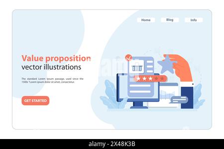 Concept de pénétration du marché. Main mettant en évidence une étoile comme un symbole de proposition de valeur supérieure sur un écran numérique. Amélioration de l'attrait des produits. Prioriser la satisfaction des clients. Illustration vectorielle plate. Illustration de Vecteur
