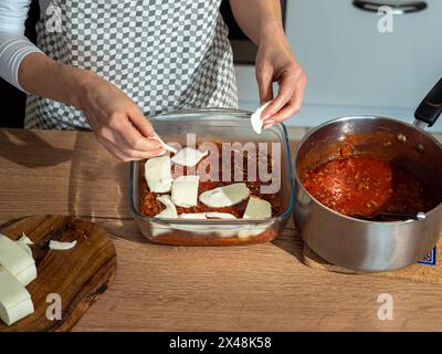 Disposer du fromage mozzarella italien dans un plat en verre, lasagnes italiennes, base en bois, mains féminines tiennent des morceaux de fromage mozzarella blanc Banque D'Images