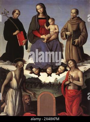 PÉRUGIN, Pietro (né en 1450, Citta della Pieve, décédé en 1523, Pérouse) Vierge et enfant aux quatre Saints (retable Tezi) 1500 huile sur bois, 182 x 158 cm Galleria Nazionale dell'Ombria, Pérouse ce retable était destiné à la chapelle d'Angelo Tezi dans l'église de Sant'Agostino in Pérouse. La Vierge est intronisée sur les nuages avec le Christ enfant, dont la main droite est élevée dans la bénédiction. Sur la droite de la Vierge se trouve l'ermite Augustien Nicolas de Tolentino, et sur sa gauche se trouve le moine franciscain Saint Bernard de Sienne. Agenouillé dans l'adoration ci-dessous se trouvent Saint Sébastien et, à gauche, Saint Jérôme, A. Banque D'Images