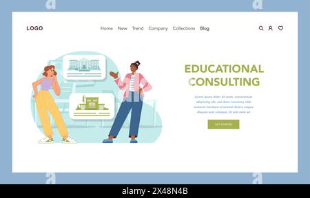 Consultation en éducation. Advisor partage des idées sur les options des établissements universitaires, soulignant l'approche personnalisée du conseil en éducation. Choisir les écoles et les universités. Vecteur plat Illustration de Vecteur