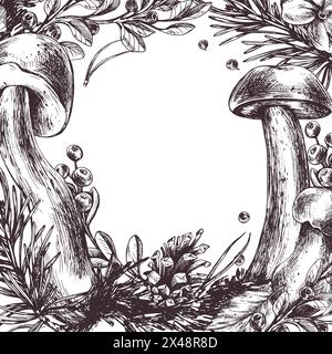 Champignons boletus sauvages comestibles avec bleuets et airelles, feuilles, sapin et cônes. Illustration graphique, dessinée à la main à l'encre brune, dessin au trait Illustration de Vecteur