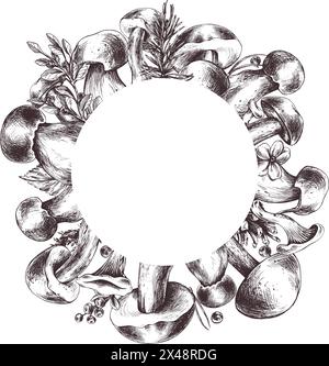 Champignons forestiers comestibles, boletus, chanterelles, avec bleuets et airelles, feuilles, sapin et cônes. Illustration graphique, dessinée à la main en marron Illustration de Vecteur