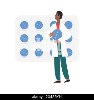 Médecin ou pharmacien tenant la pilule pour le traitement, homme minuscule avec paquet géant d'illustration vectorielle de médicaments Illustration de Vecteur