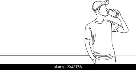 dessin continu d'une seule ligne de l'homme buvant de la canette de soda, illustration vectorielle d'art de ligne Illustration de Vecteur