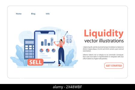 Concept de liquidité. Energetic Woman met en évidence les données financières sur tablette, indiquant la conversion des actifs. Vente rapide, dynamique du marché. Illustration vectorielle plate Illustration de Vecteur