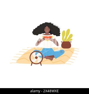 Fille assise sur le sol par ventilateur électrique pour manger une tranche de pastèque dans l'illustration vectorielle de chaleur d'été Illustration de Vecteur