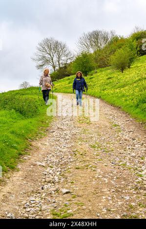 Deux femmes d'âge moyen marchant sur une route de gravier escarpée sur une colline herbeuse dans le parc national de South Downs près d'Amberley dans le West Sussex, en Angleterre. Banque D'Images