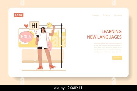 Concept de site Web d'apprentissage des langues. Une femme utilise une application pour étudier l'espagnol, saluant dans différentes langues affichées. Éducation, technologie et communication. Illustration vectorielle. Illustration de Vecteur