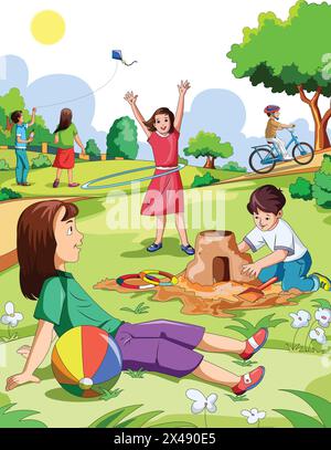 Enfants jouant et profitant dans le parc Illustration de Vecteur