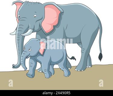 Éléphant mignon et son bébé marchant Illustration de Vecteur