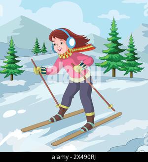 Fille mignonne souriant et patinant sur la glace tout en écoutant de la musique Illustration de Vecteur