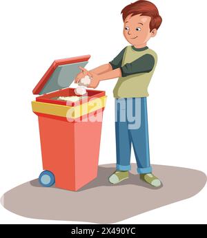 Mignon garçon jetant des ordures dans la poubelle Illustration de Vecteur