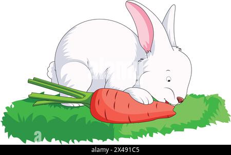 Mignon petit lapin mangeant des carottes tout en étant assis sur un champ d'herbe Illustration de Vecteur