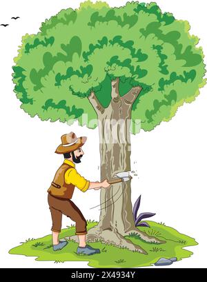 Un homme coupant un arbre avec une hache Illustration de Vecteur