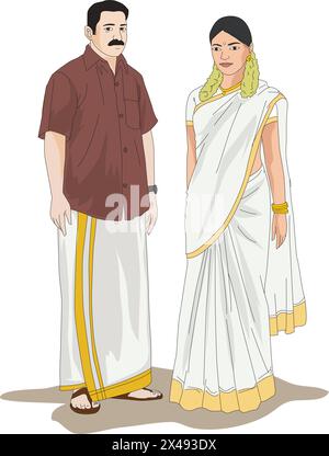 Un couple sud-indien portant une robe traditionnelle Illustration de Vecteur
