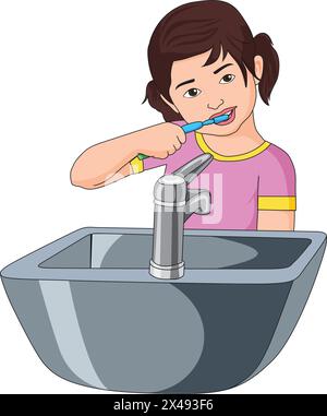 Jolie fille se brossant les dents avec une brosse à dents devant le lavabo Illustration de Vecteur