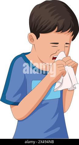 Garçon éternuant et essuyant son nez avec un mouchoir Illustration de Vecteur