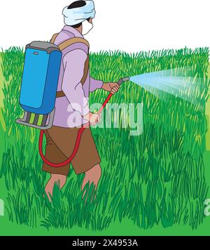 Agriculteur pulvérisant de l'insecticide dans le champ à partir de son réservoir de pulvérisation Illustration de Vecteur