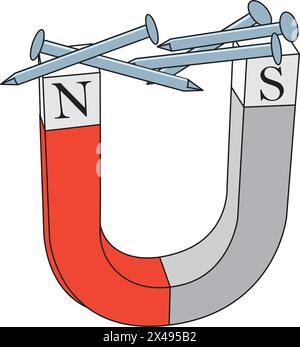 Illustration montrant le pôle nord et sud d'un aimant avec le placement de clous de fer Illustration de Vecteur