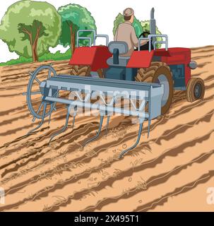 Homme labourant le champ assis sur son tracteur Illustration de Vecteur