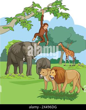 Animaux sauvages tels que éléphant, singe, zirafe et lion Illustration de Vecteur