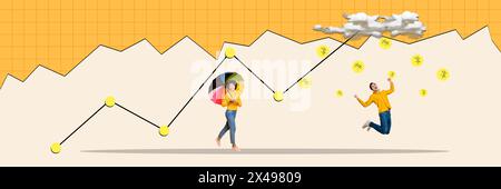 Composite tendance illustration croquis photo 3D collage de panorama horizontal couple personne homme saut dame tenir parapluie stats graphiques pièce de monnaie pluie Banque D'Images
