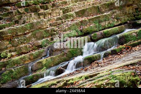 Sentier de randonnée de la gorge d'Obanya au début du printemps. Il y a une forêt où se trouvent un petit ruisseau avec de petites falaises et de petites cascades. Voici le skew wa Banque D'Images