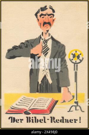 CHAMBERLAIN WW2 anti Briish 1940 Allemagne nazie propagande carte postale mettant en vedette le premier ministre Neville Chamberlain avec un microphone de diffusion, comme 'DER BIBEL -REDNER' 'The Bible Speaker' Une carte de propagande pastiche d'art brut produite au début de la seconde Guerre mondiale. Seconde Guerre mondiale Banque D'Images