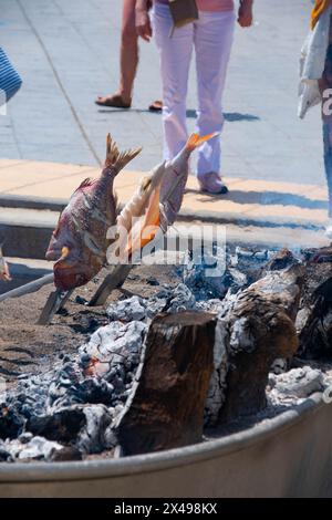 Brochettes de poulpe, dorade, crevettes et sardines, grillées au feu de bois dans un bateau sur le sable de la plage. Plat typique de Malaga, Andalousie, Banque D'Images