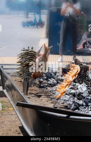 Brochettes de poulpe, dorade, crevettes et sardines, grillées au feu de bois dans un bateau sur le sable de la plage. Plat typique de Malaga, Andalousie, Banque D'Images