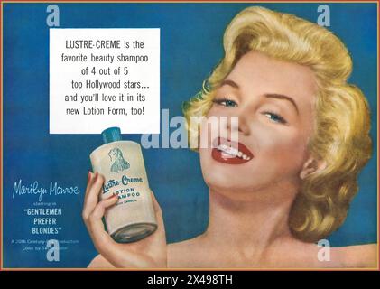 1950's Marilyn Monroe publicité LUSTRE CREAM SHAMPOOING une publicité publicitaire dans la presse en cours d'exécution avec son célèbre film de film 'Gentlemen Prefer Blondes', un film de comédie musicale américaine de 1953 Banque D'Images