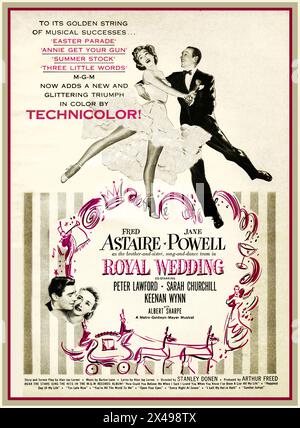 Royal Wedding (1951) Vintage Movie Poster mettant en vedette Fred Astaire, Jane Powell, Peter Lawford - un décor musical de la MGM à Londres au Royaume-Uni chansons de Burton Lane, musique ; paroles, histoire et scénario de Alan Jay Lerner (de My Fair Lady Fame) Sarah Churchill est une fille de Winston Churchill Banque D'Images