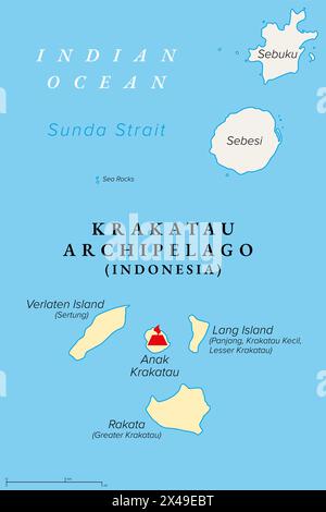 Archipel de Krakatau, Indonésie, carte politique. Habitées, de petites îles volcaniques, formées par le stratovolcan Krakatau, situé dans le détroit de Sunda. Banque D'Images