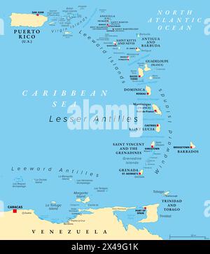 Îles des Caraïbes orientales, carte politique. Porto Rico, les îles Vierges, les îles sous le vent et sous le vent, et une partie des Antilles sous le vent. Banque D'Images