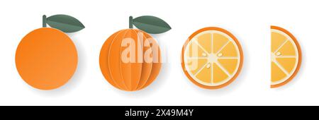 Ensemble d'agrumes découpés en tranches d'orange 3d de papier. Fruits en couches d'été. Éléments alimentaires juteux pour restaurant, nourriture, boissons, bars, recettes, été, Illustration de Vecteur