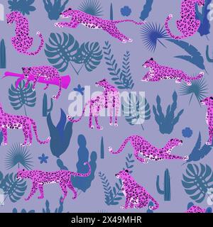 Motif sans couture rose léopard avec des feuilles tropicales Illustration de Vecteur