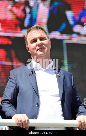 Vienne, Autriche. 01 mai 2024. Le président du parti fédéral Andreas Babler lors de la marche du 1er mai du SPÖ Vienna (Parti social-démocrate autrichien) sur la place de la mairie de Vienne Banque D'Images