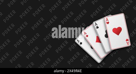 Poker et concept de casino. Fan de main de cartes à jouer composé de quatre blancs avec as de pique doré, diamants, trèfles, cœurs. Illustration vectorielle o Illustration de Vecteur