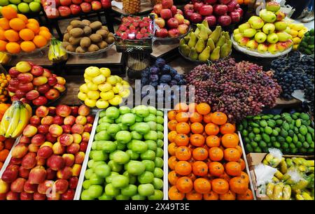 Pommes, poires, grenades, bananes, oranges, raisins kiwis kaki et autres fruits exposés Banque D'Images