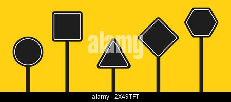 Ensemble de panneaux routiers noirs ronds, carrés, rhombiques, triangulaires et hexagonaux. Illustration vectorielle des icônes pour avertir de la situation sur la route. YE Illustration de Vecteur