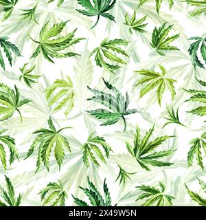 Feuille de cannabis. Motif sans couture d'aquarelle dessiné à la main isolé sur fond blanc Banque D'Images