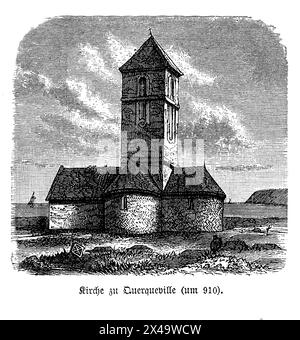 Une représentation pittoresque de la Chapelle Saint-Germain de Querqueville, nichée dans la campagne tranquille de Normandie. La chapelle, construite à partir de pierres grises altérées, témoigne de l'artisanat durable de la région. Son architecture est humble mais digne, avec un toit en ardoise en pente et un simple clocher qui ponctue l'horizon Banque D'Images