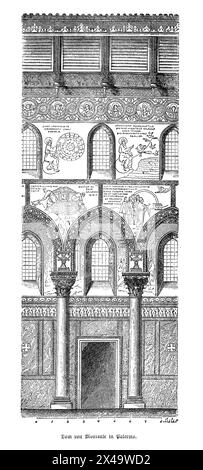 Le Duomo di Monreale, Palerme, Italie, un bel exemple de l'architecture normande mélangée avec des influences byzantines et islamiques, dispose d'une immense nef avec de grandes arches soutenues par des colonnes robustes. Les murs et les plafonds sont ornés de mosaïques d'or complexes représentant des scènes bibliques, créant un effet chatoyant qui améliore l'ambiance spirituelle. Banque D'Images