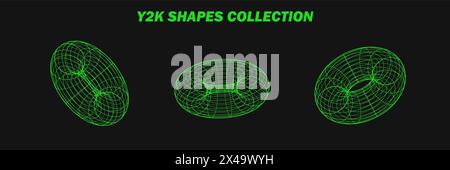 Wireframes abstraites, éléments cyberpunk et grilles vertes de perspective sur une sphère. Formes psychédéliques y2k. Éléments vectoriels rave ou psychédéliques à la mode Illustration de Vecteur
