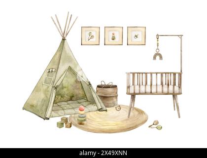 Composition intérieure d'une chambre d'enfants avec un wigwam, un berceau en bois, un tapis et divers jouets. Illustration d'aquarelle isolée pour int d'enfants Banque D'Images