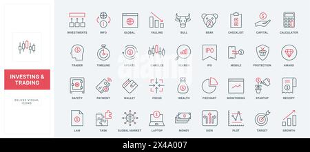 Investissement bancaire, commerce boursier, risque de profit financier et icônes de ligne de protection. Concentrez-vous sur le suivi des hauts et des bas dans l'illustration vectorielle de symboles de contour noir et rouge mince du marché Illustration de Vecteur