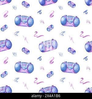 Lecteurs de cassettes dans le style des années 90. Enregistreur de musique à bande bleu violet. Motif nostalgique sans couture. Gadget stéréo bouton parmi les lignes abstraites doodle. Banque D'Images
